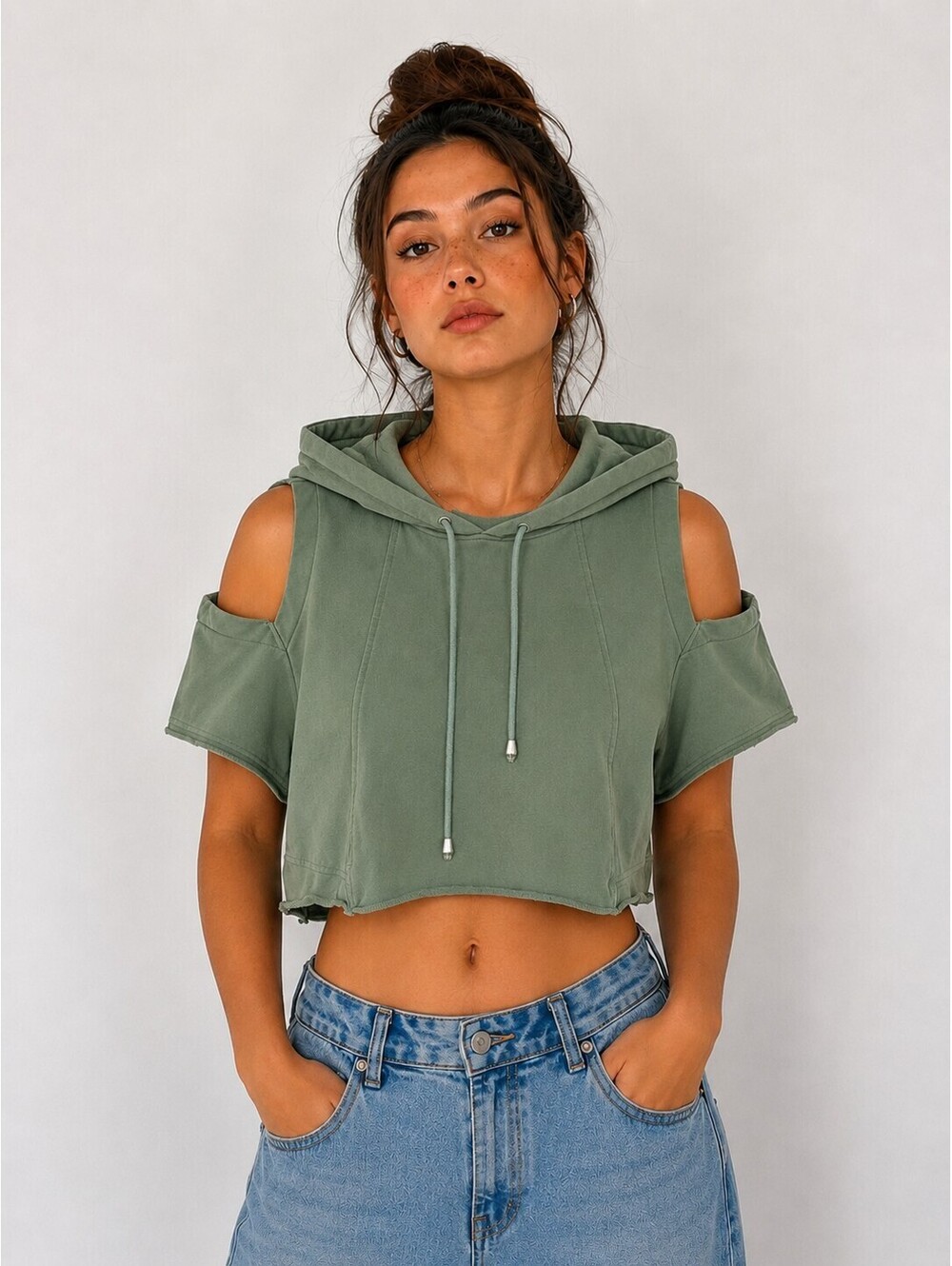 Allfenix Melbourne Cold Shoulder Cropped Hoodie Sage Green Size S